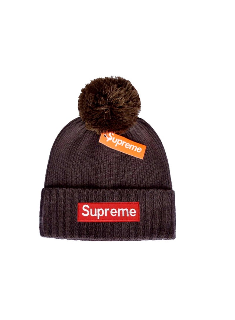 Supreme Dark Brown Pom-Pom Knit Beanie with Red Box Logo Patch & Orange Hang Tag