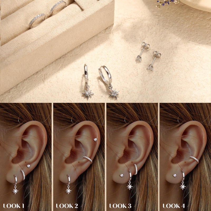 MILACOLATO 925 Sterling Silver Earrings for Women, Sterling Silver Filled Small Stud Huggie Hoop Earrings Sets for Multiple Piercing Hypoallergenic Jewelry, CZ Cartilage Earrings Stacks Trendy Jewelry Gifts, 3 Pairs-Star - Image 5