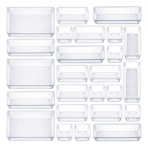 Seseno 25 PCS Clear Plastic Drawer Organizers Set, 4-Size Versatile Bathroom and Vanity Drawer Organizer Trays, Storage Bins for Makeup, Bedroom, Kitchen Gadgets Utensils and Office Accessories - Image 1