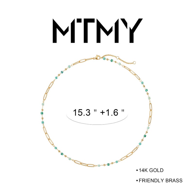 MTMY Beaded Necklaces for Women 14K Gold Plated Dainty Colorful Green/Rose Beaded Pearl Choker Necklace Delicate Boho Choker Necklace Jewelry Gift (beads paper clip) - Image 4
