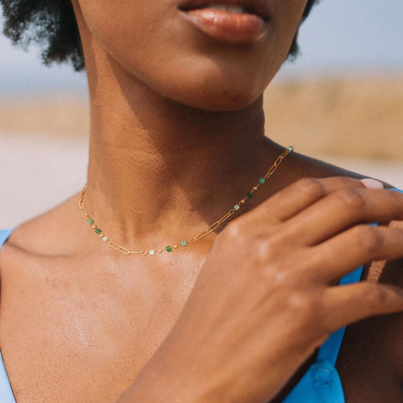 MTMY Beaded Necklaces for Women 14K Gold Plated Dainty Colorful Green/Rose Beaded Pearl Choker Necklace Delicate Boho Choker Necklace Jewelry Gift (beads paper clip) - Image 3