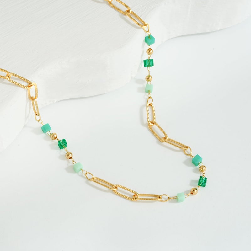 MTMY Beaded Necklaces for Women 14K Gold Plated Dainty Colorful Green/Rose Beaded Pearl Choker Necklace Delicate Boho Choker Necklace Jewelry Gift (beads paper clip) - Image 5