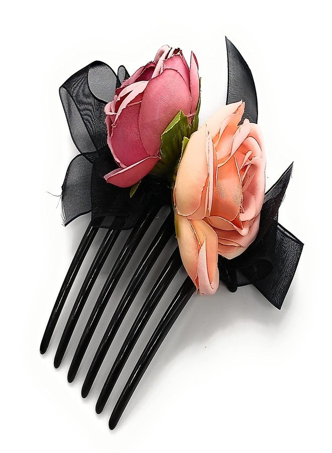 Fairytale Elegant Satin Rose Flower Ribbon Bow Hair Comb Hair Clip Hair Crab Holder for Girls and Women's (Pink & Purple) - Image 1