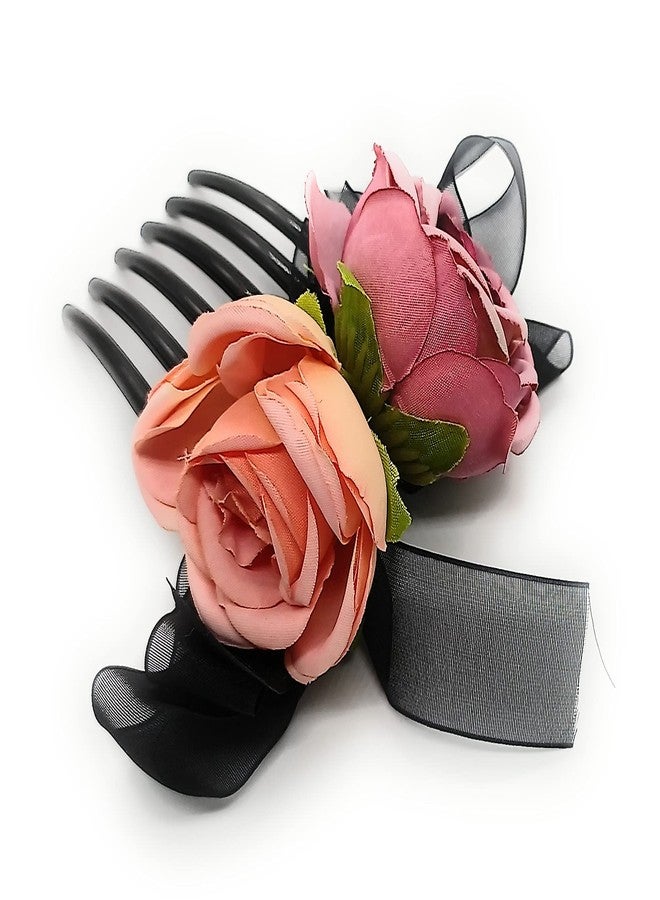 Fairytale Elegant Satin Rose Flower Ribbon Bow Hair Comb Hair Clip Hair Crab Holder for Girls and Women's (Pink & Purple) - Image 2