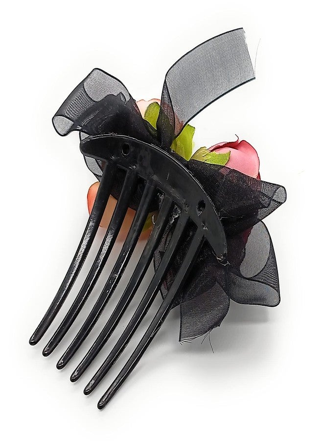Fairytale Elegant Satin Rose Flower Ribbon Bow Hair Comb Hair Clip Hair Crab Holder for Girls and Women's (Pink & Purple) - Image 3