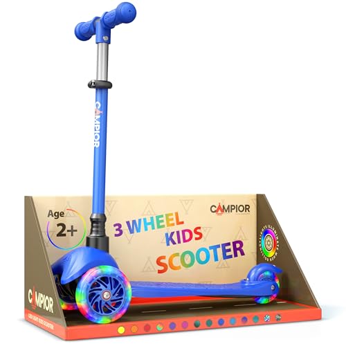 Campior Blue Mini 3 Wheel Scooter for Kids LeantoSteer with LED LightUp Wheels Adjustable Handlebar Wide AntiSlip Deck Smooth PU Wheels Rear Foot Brake Toddler Scooter for Ages 2 - Image 1
