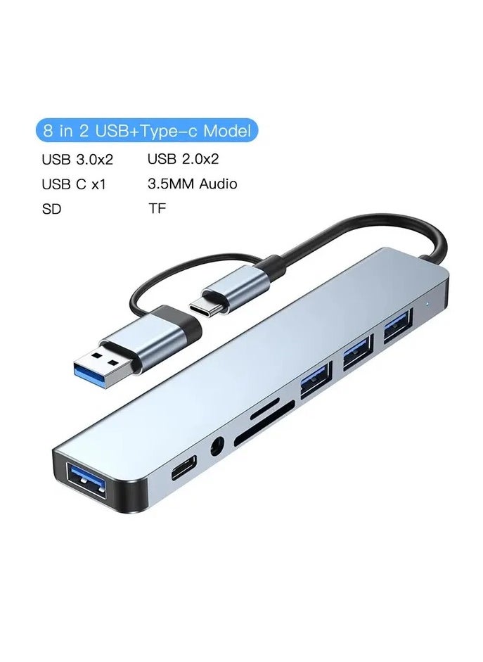 WEETOTUNG USB C+USB Type A Hub Expander  8 in 2 Multiport  Adapter with USB-C Ports USB 3.0 SD / TF Card Reader Compatible with MacBook Pro  Air Laptop iPhone Xiaomi Tablet and Other Type C Splitter