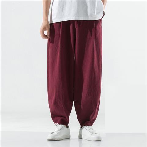 Spring and Autumn Cotton Linen Bloomers Mens Thick Leg Solid Color Home Hallen Pants Loose Retro Linen Pants Large Crotch Casual Pants Socks - Image 2