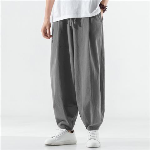 Spring and Autumn Cotton Linen Bloomers Mens Thick Leg Solid Color Home Hallen Pants Loose Retro Linen Pants Large Crotch Casual Pants Socks - Image 5