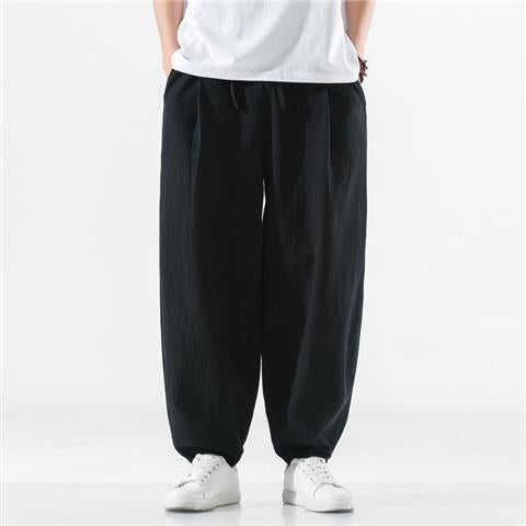 Spring and Autumn Cotton Linen Bloomers Mens Thick Leg Solid Color Home Hallen Pants Loose Retro Linen Pants Large Crotch Casual Pants Socks - Image 3