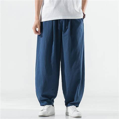 Spring and Autumn Cotton Linen Bloomers Mens Thick Leg Solid Color Home Hallen Pants Loose Retro Linen Pants Large Crotch Casual Pants Socks - Image 4
