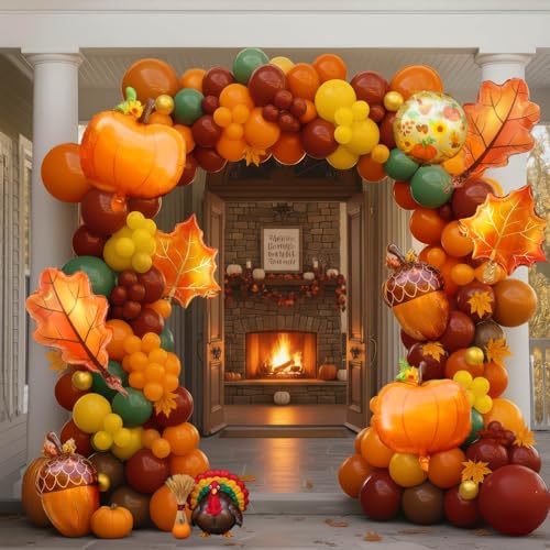 froufing Fall colors Balloon Garland arch Kit 121pcs Burnt Orange Maroon Green Gold with Little Pumpkin Balloons for Autumn harvest Theme Baby shower thanksgiving friendsgiving Turkey Party Decoration - Image 1