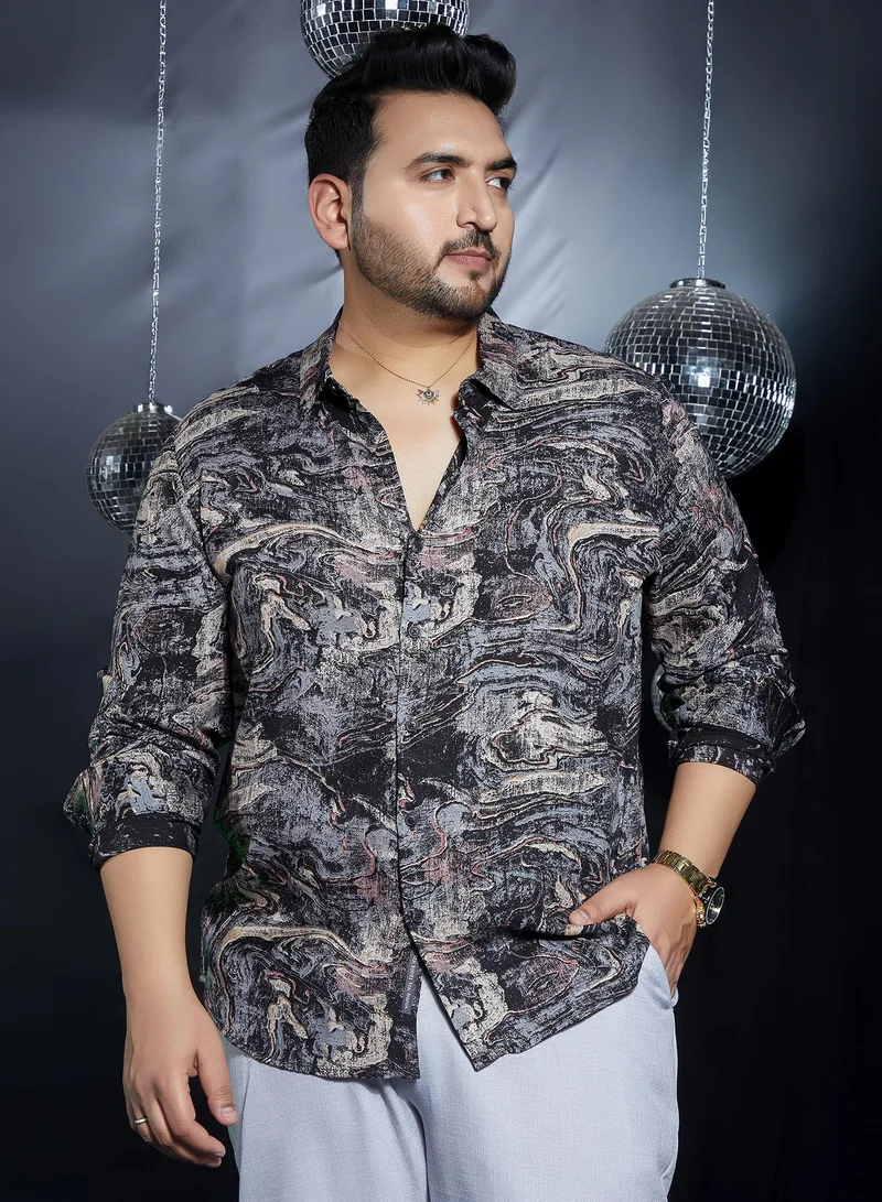 انستافاب بلس قميص رجالي أسود فحم بتصميم مستقبلي مريح للملابس الكاجوال بياقة عريضة وأكمام طويلة بأزرار ومقاسات كبيرة