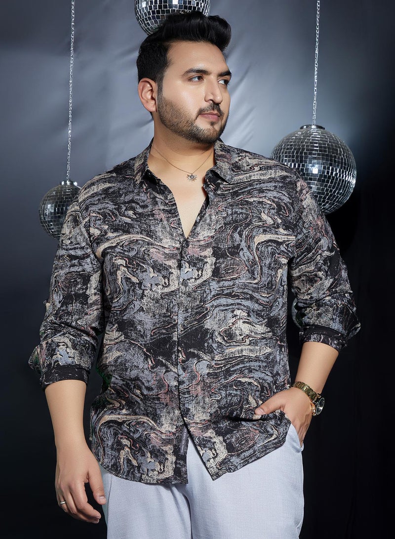 Instafab Plus Men's Charcoal Black Futuristic-Fluid Shirt For Casual Wear | Spread Collar | Long Cuffed Sleeves | Button Closure | Plus Size Shirt Crafted With Comfort Fit For Everyday Wear - Image 1