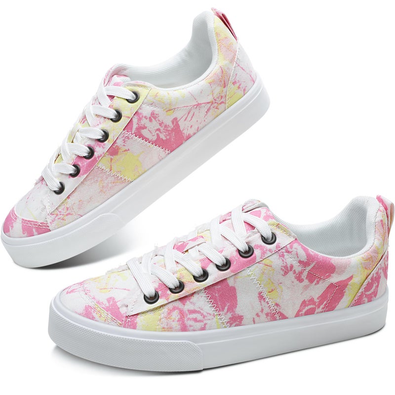 Obtaom Women's Canvas Sneakers Cute Lace up Fashion Sneaker Comfortable Skate Shoe for Lady Casual Tennis Flats(Multi White Pink,US7) - Image 1