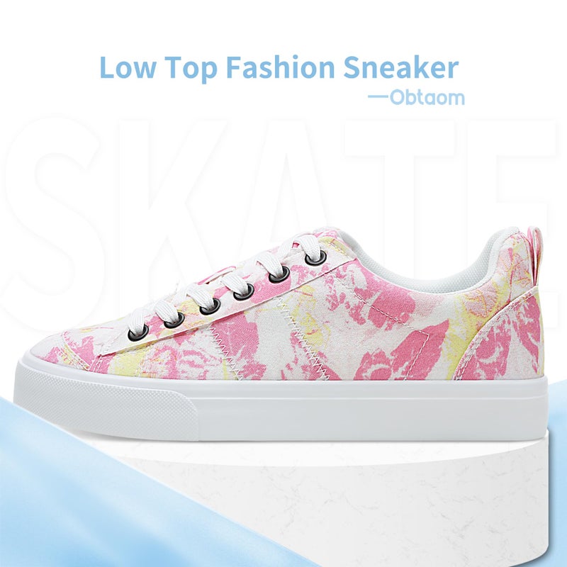 Obtaom Women's Canvas Sneakers Cute Lace up Fashion Sneaker Comfortable Skate Shoe for Lady Casual Tennis Flats(Multi White Pink,US7) - Image 2
