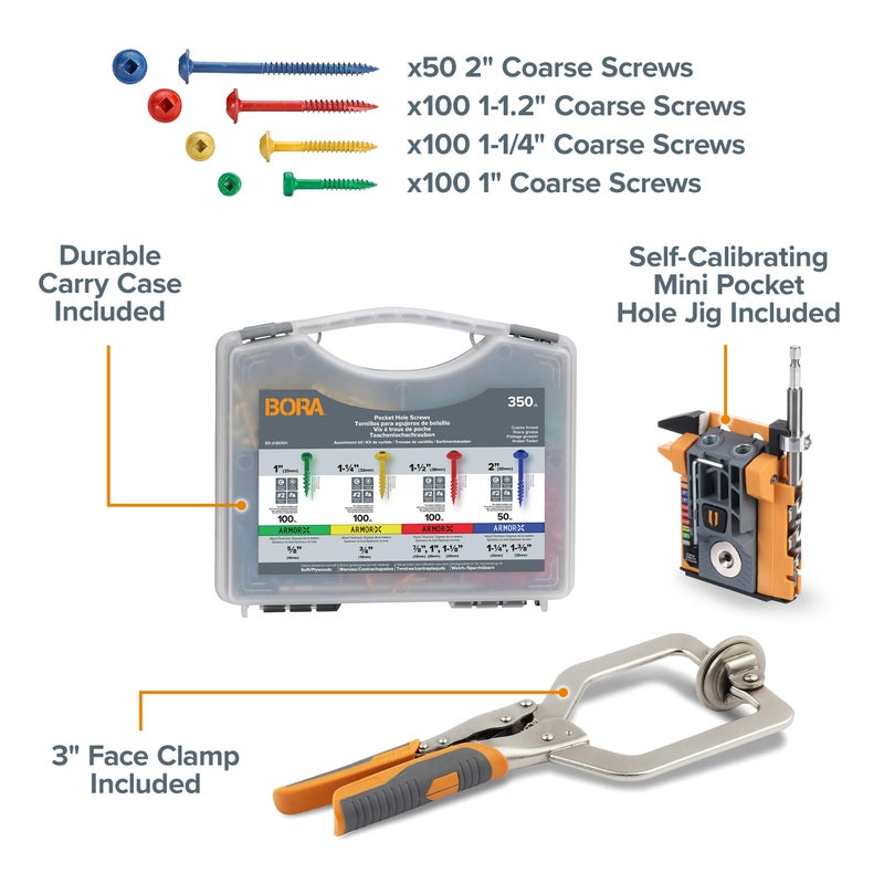 BORA Automatic Mini Pocket Hole Jig Kit with 3 Inch Face Clamp and 350 pc Screw Set for Woodworking Compact All-in-One Self Adjusting Woodworking Joinery Tool for Strong Joints Complete Set BR-A170402 - Image 2