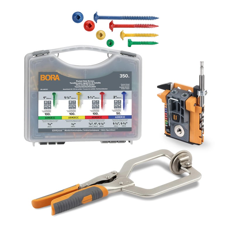 BORA Automatic Mini Pocket Hole Jig Kit with 3 Inch Face Clamp and 350 pc Screw Set for Woodworking Compact All-in-One Self Adjusting Woodworking Joinery Tool for Strong Joints Complete Set BR-A170402 - Image 1