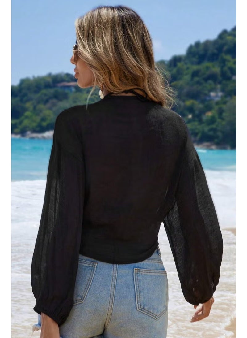 Angelsin Front Tie Casual Shirt Pareo Crop Blouse - Image 5