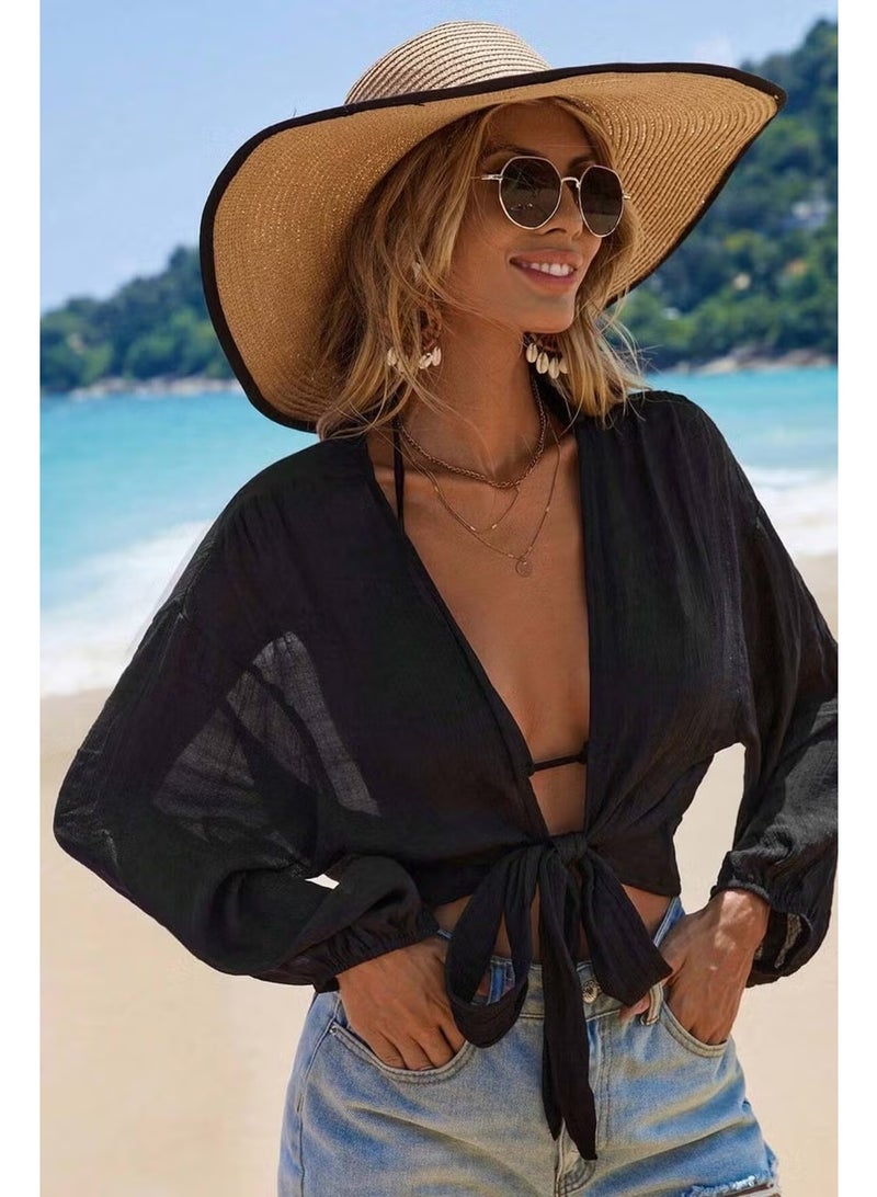 Angelsin Front Tie Casual Shirt Pareo Crop Blouse - Image 2