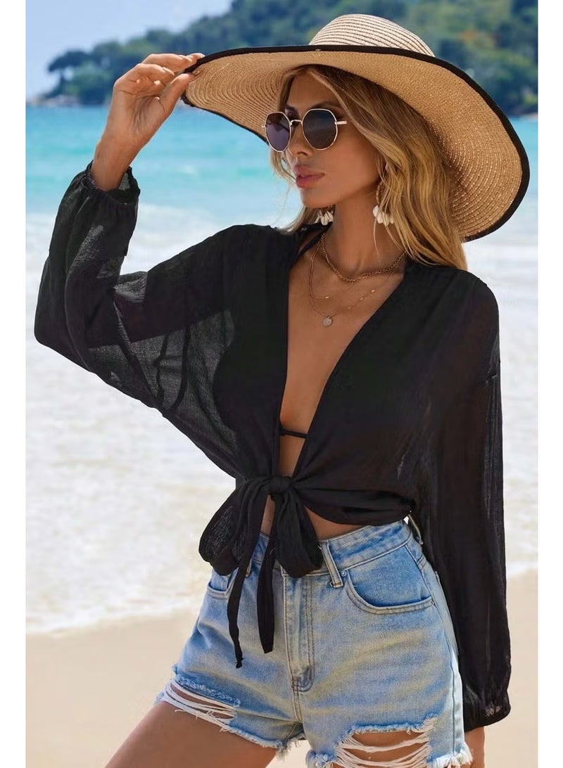 Angelsin Front Tie Casual Shirt Pareo Crop Blouse - Image 3