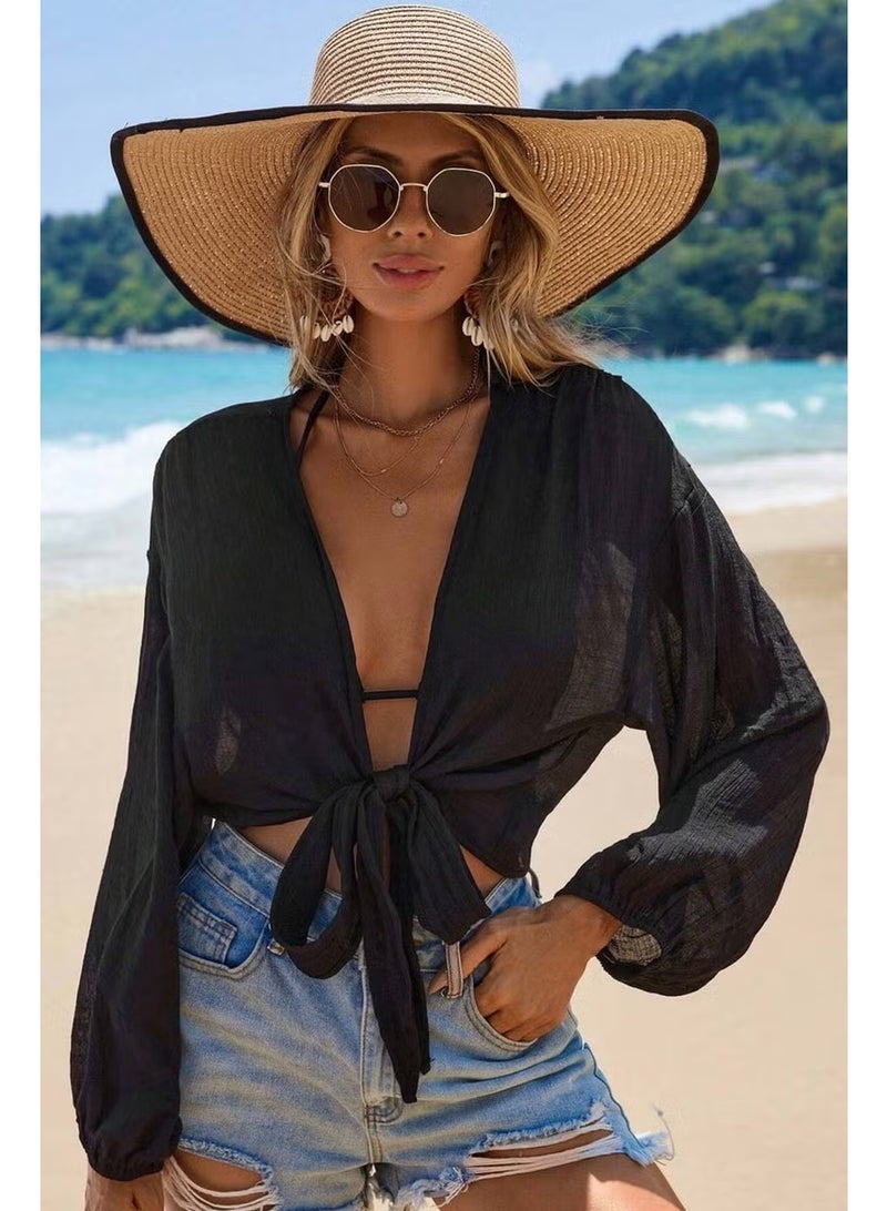 Angelsin Front Tie Casual Shirt Pareo Crop Blouse - Image 1