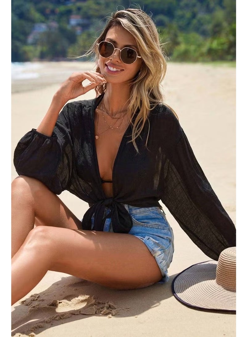 Angelsin Front Tie Casual Shirt Pareo Crop Blouse - Image 4