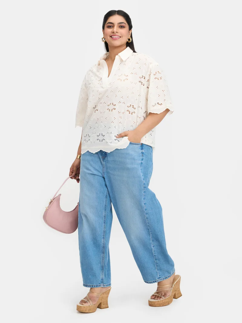 فيرجيو Embroidered Cotton Schiffli Collared Plus Size Top for Women