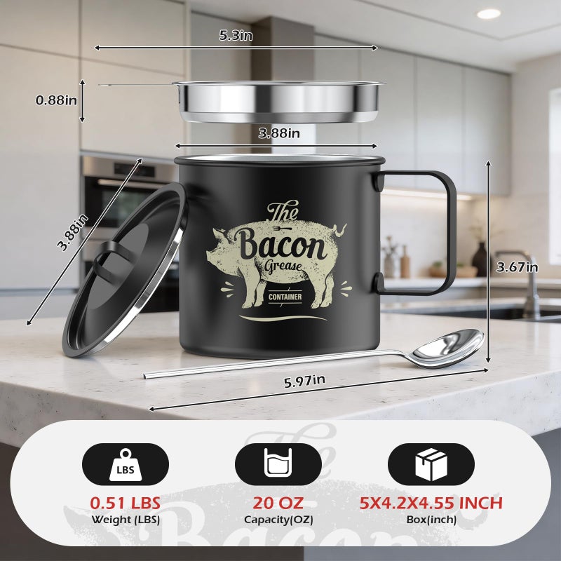 PGYARD Mini Bacon Grease Saver With Strainer - 20 OZ Stainless Steel Oil Container, Farmhouse Bacon Grease Keeper For Kitchen Fat Storage, Dishwasher Safe-Black - Image 2