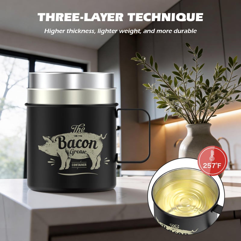 PGYARD Mini Bacon Grease Saver With Strainer - 20 OZ Stainless Steel Oil Container, Farmhouse Bacon Grease Keeper For Kitchen Fat Storage, Dishwasher Safe-Black - Image 4