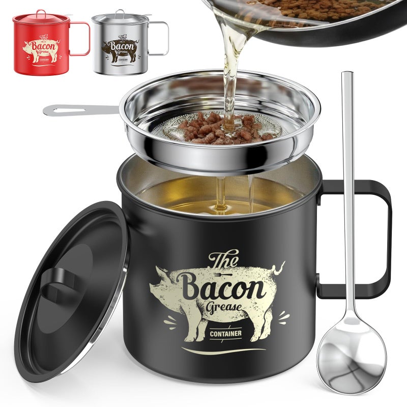 PGYARD Mini Bacon Grease Saver With Strainer - 20 OZ Stainless Steel Oil Container, Farmhouse Bacon Grease Keeper For Kitchen Fat Storage, Dishwasher Safe-Black - Image 1