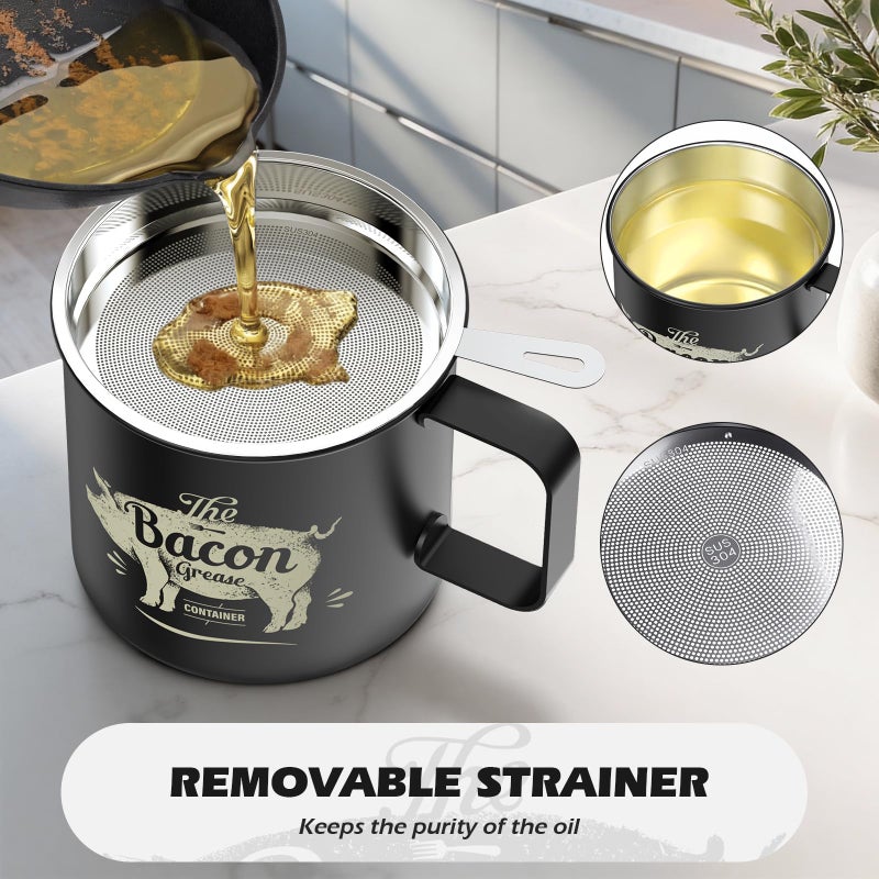 PGYARD Mini Bacon Grease Saver With Strainer - 20 OZ Stainless Steel Oil Container, Farmhouse Bacon Grease Keeper For Kitchen Fat Storage, Dishwasher Safe-Black - Image 5