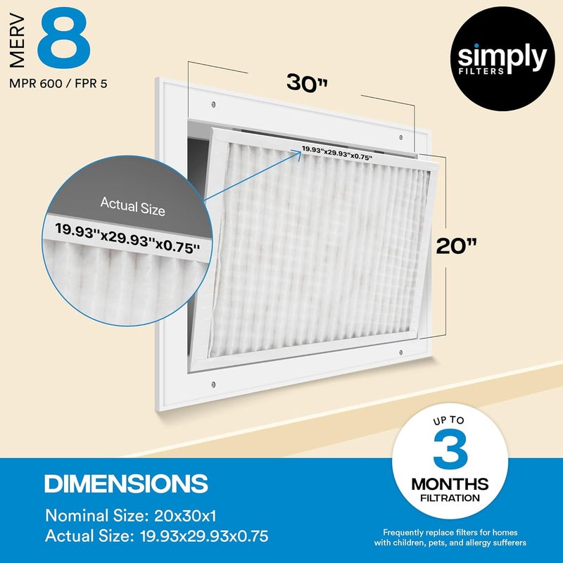 SIMPLY 20x30x1 Air Filter, Merv 8, 6 Pack, For Home AC Furnace & HVAC (Actual Size: 19.94"x29.94"x0.75") DUST, Pet & Allergy Control, - Image 3