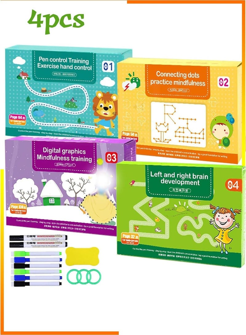 دفتر تمارين "سكريبل سمارت"، مجموعة دفاتر تمارين التتبع السحري، عقول فضولية صغيرة، دفتر تمارين "سكريبل سمارت" لتنمية مهارات العقول الشابة، ورق تتبع للتعليم المبكر للرسم (مزيج، ٤ قطع) - Image 1