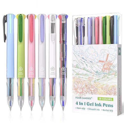 Four Candies 6 PCS Multicolor Pen, 0.5mm Colored Gel Pens, 4-in-1 Multicolor Gel Ink Pens, 18 Colors Retractable Ink for Office, School & Back to School Supplies - Image 1