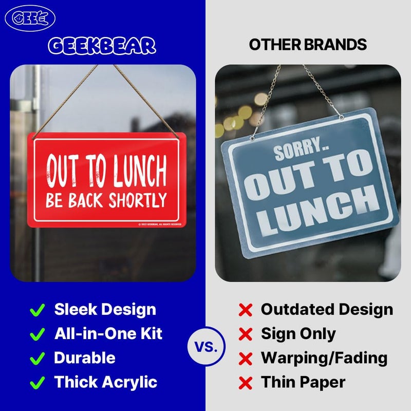 GEEKBEAR Out to Lunch Sign (Red) - Unique, Premium Acrylic Design with Rope, Visible and Durable, Perfect for Business, Retail, Office and Home - Image 5