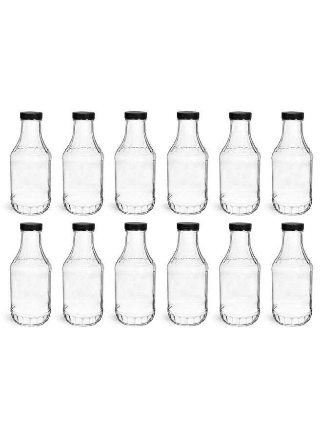 16 Ounce Glass Sauce Bottle - With 38Mm Black Plastic Lids - Case Of 12