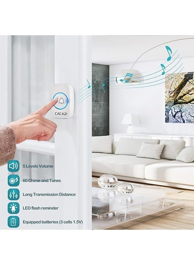CACAZI Wireless Doorbell, Waterproof Push Button with 1000 Ft Operating Range, 5 Volume Levels, 60 Chimes, LED Flash & CD Sound for Home, Office, Classroom ( White) - Image 4