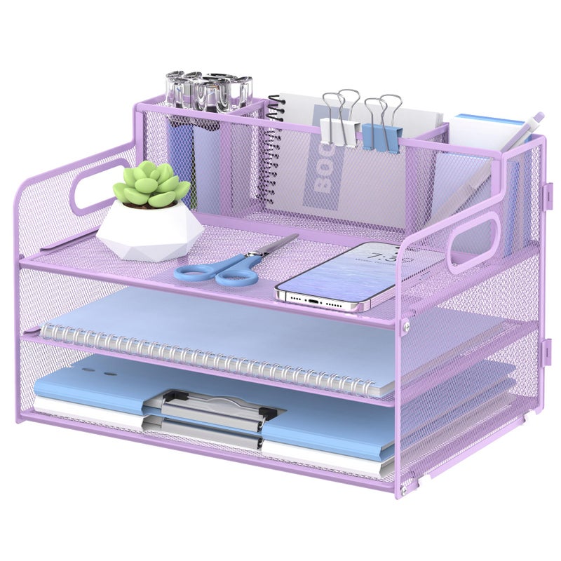 SUPEASY 3 Tier Desk Organizer with Handle 3 Pen Holders Mesh PaperFile Organizer for Desk Paper Letter Tray Organizer for Office Supplies Light Purple - Image 2