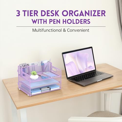 SUPEASY 3 Tier Desk Organizer with Handle 3 Pen Holders Mesh PaperFile Organizer for Desk Paper Letter Tray Organizer for Office Supplies Light Purple - Image 3