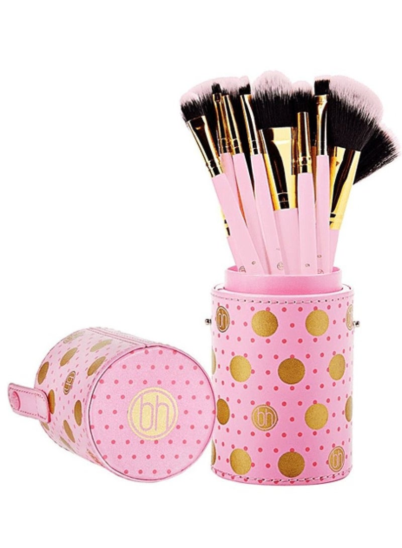 بي إتش كوزماتيكس طقم فرش مكياج مع حقيبة منقطة من 11 قطعة وردي