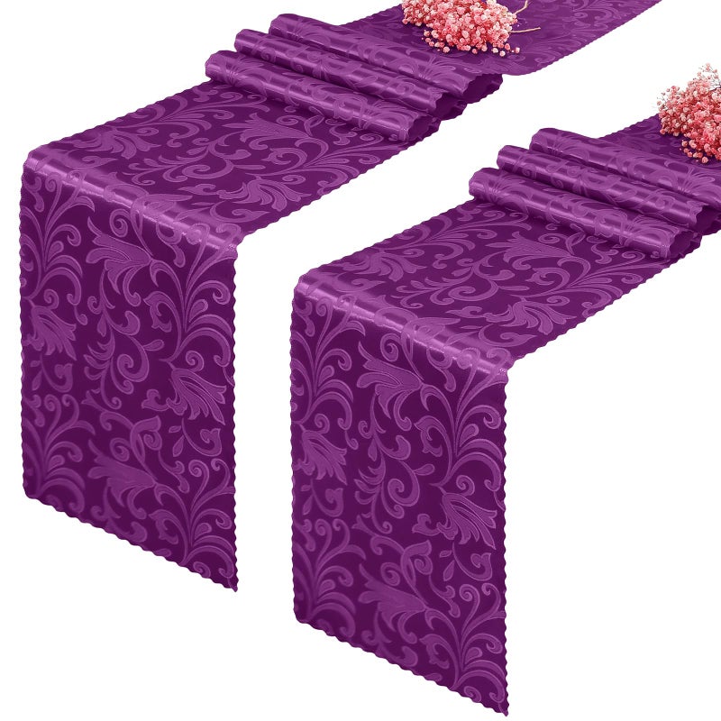 Eychei 2 Pack Purple Satin Table Runner 12 x 108 Inch Long Bright Smooth Damask Table Runner Silky Jacquard Dinner Table Runner Decorations for Weddings Banquet Birthday Parties Graduations