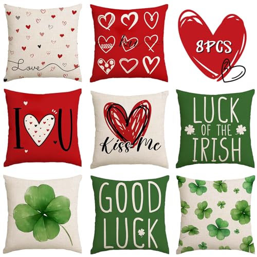 RGQSUN Set of 8 Valentines Day Pillow Covers & St Patricks Day Pillow Covers 18 x 18inch,Love Heart Throw Pillowcase Decorative Shamrock Lucky Pillow Cases for Farmhouse Home Sofa Bed Decoration - Image 1