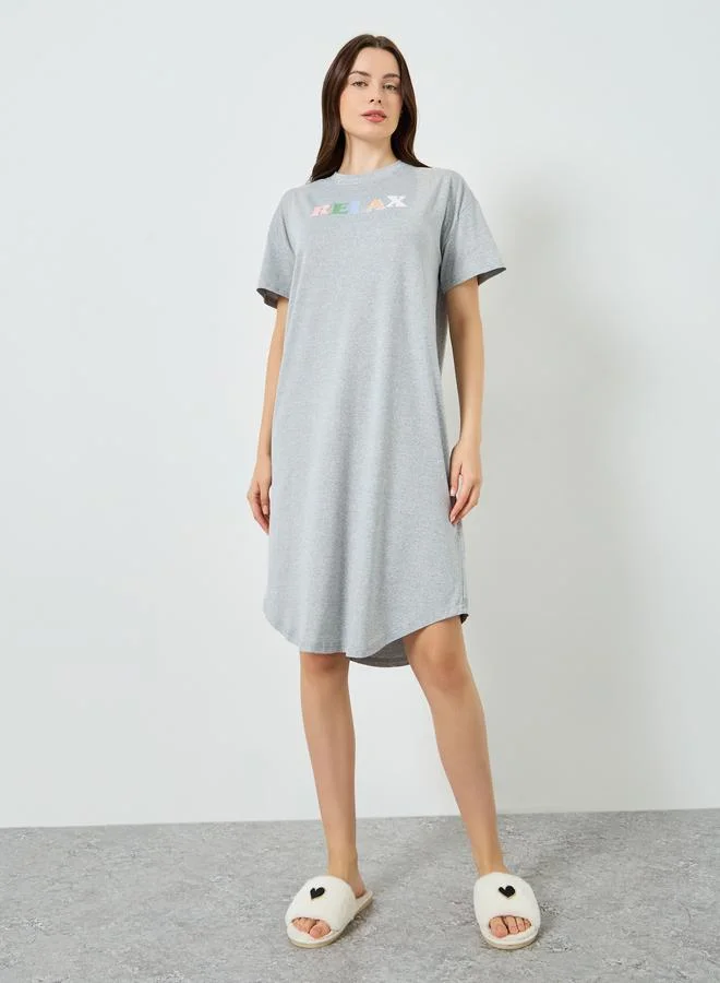 Styli Grey Printed Short Sleeve Nightdress