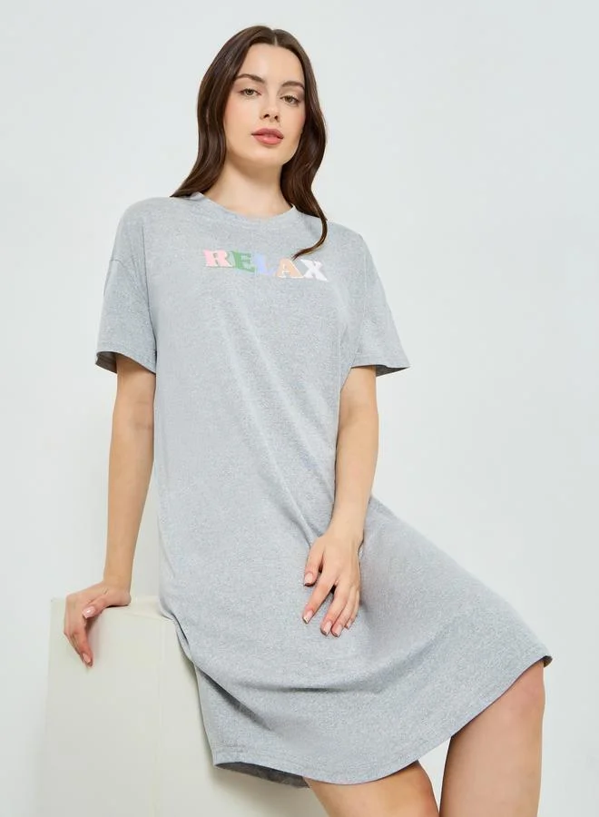 Styli Grey Printed Short Sleeve Nightdress
