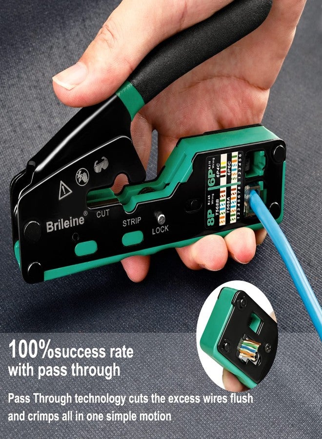 Brileine RJ45 Crimp Tool Pass Through Kit Ethernet Crimper Cat5 Cat5e Cat6 Crimping Tool for RJ11/12 6P/8P with Network Lan Cable Tester, 50PCS CAT6 Connectors, 50PCS Boots, Mini Cable Stripper - Image 4