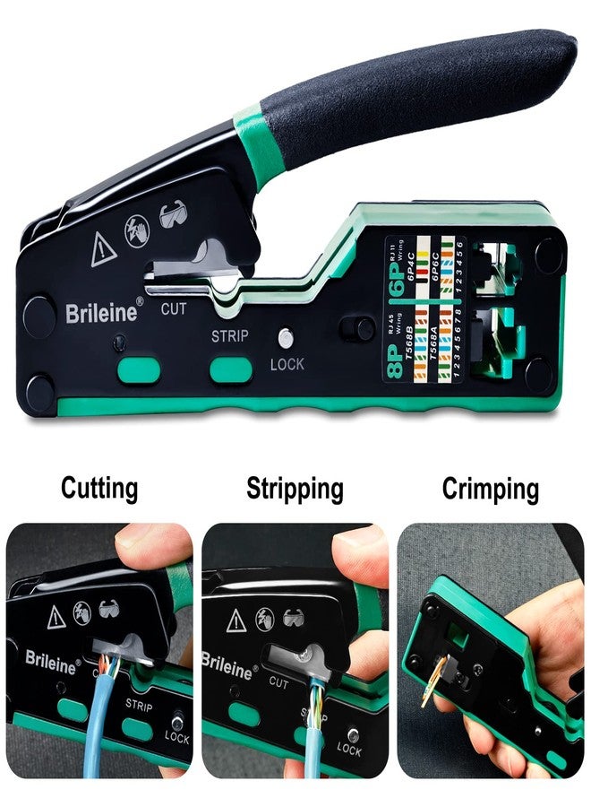 Brileine RJ45 Crimp Tool Pass Through Kit Ethernet Crimper Cat5 Cat5e Cat6 Crimping Tool for RJ11/12 6P/8P with Network Lan Cable Tester, 50PCS CAT6 Connectors, 50PCS Boots, Mini Cable Stripper - Image 2