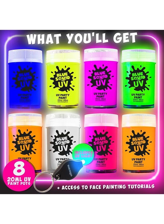 Blue Squid UV Face & Body Paint Set - Blue Squid, 8 Liquid UV Body Paints (8 Large 0.68 fl oz) +FREE BONUS Mini Ultraviolet Flashlight - Glow in The Dark Neon Face & Body Paint - Black Light Reactive Neon Paints - Image 2