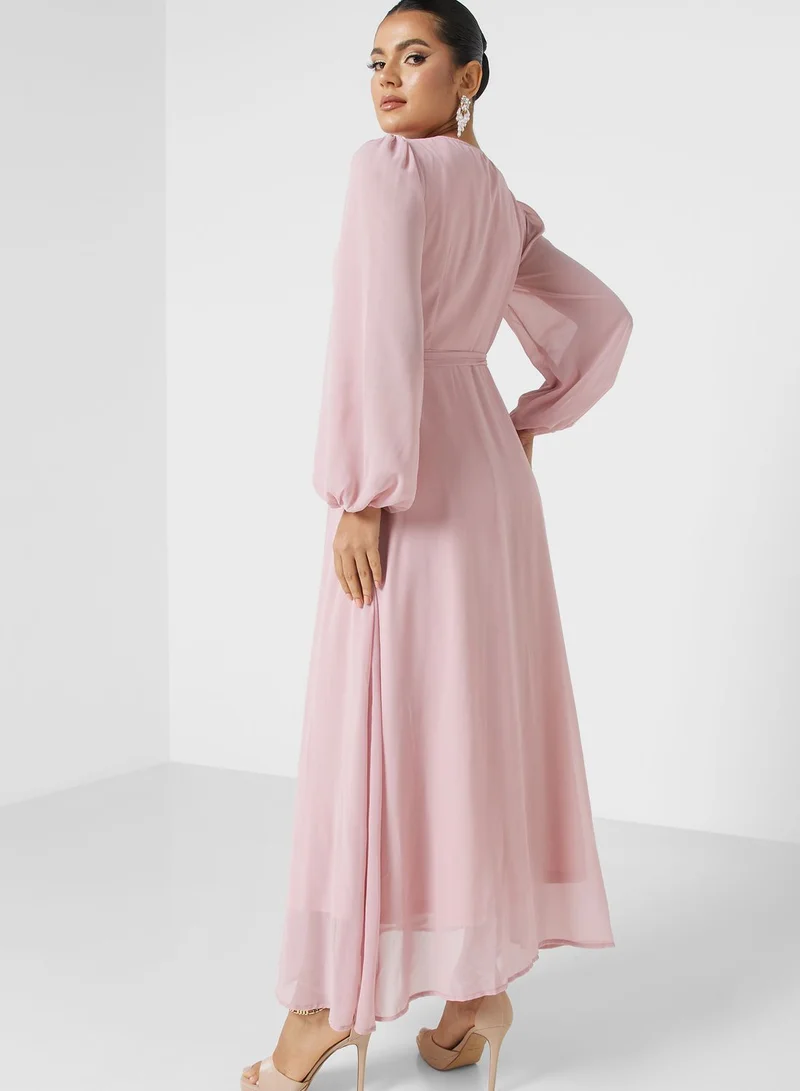 Khizana Sheer Sleeve Wide Waistband Pleated Detail Dress