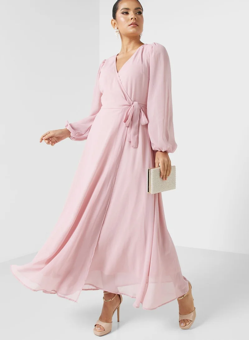 Khizana Sheer Sleeve Wide Waistband Pleated Detail Dress